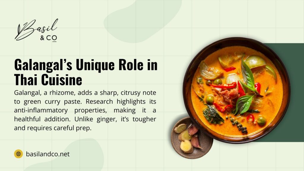 A bowl of spicy curry with chili and kaffir lime leaves, with text on capsaicin's effects, highlighting the spicy curry. - Authentic Thai Green Curry Paste Recipe