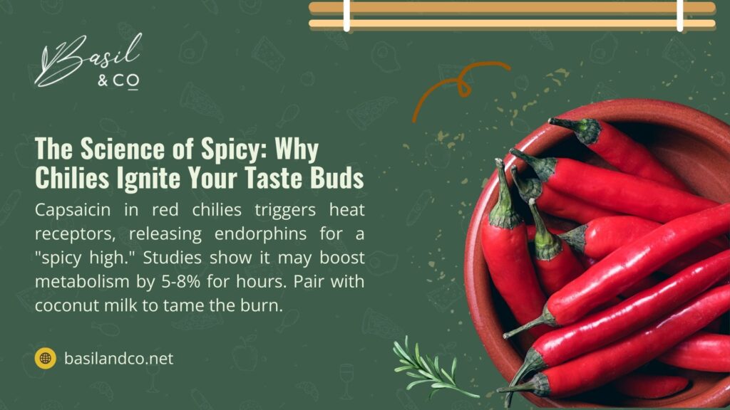  Image from Basil & CO on 'The Science of Spicy': Capsaicin in chilies triggers heat receptors, releases endorphins for a "spicy high," boosts metabolism by 5-8% for hours, pair with coconut milk to tame burn, with bowl of red chilies.